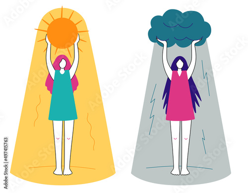 Optimistic or Pessimistic people. The girl holds the sun or a cloud in her hands. Good or dark mood. The concept of choosing positive or negative thinking. Hand drawn Vector illustration. Isolated.
