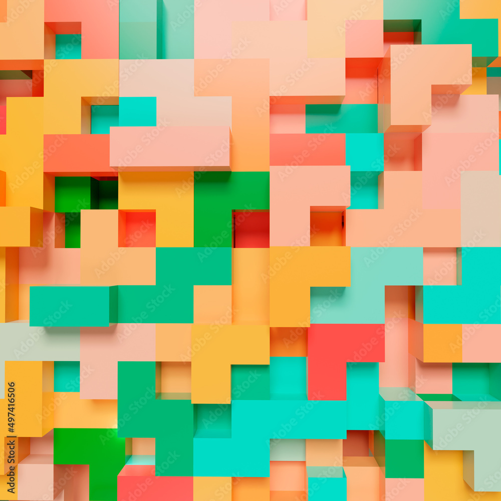 3D rendering colorful abstract geometric wall with cubes. Background square format with pastel colors and offset elements. Abstract shapes from tetris game. 3d image. 3D rendering colorful abstract geometric wall with cubes. Background square format with pastel colors and offset elements. Abstract shapes from tetris game. 3d image.