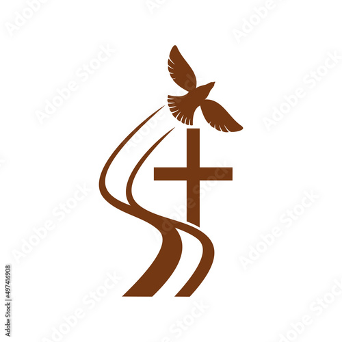 Murais de parede Christianity religion vector icon dove flying above cross