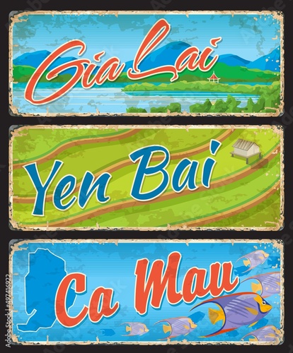 Gia Lai, Yen Bai and Ca Mau vietnamese regions vintage plates and travel stickers. Vietnam provinces grungy cards, asian vacation travel retro vector tin sign with landscapes and ocean tropical fishes