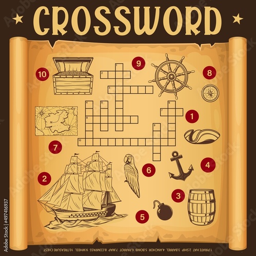Pirate map and piracy crossword grid. Find a word quiz game, children educational game, kids logical riddle or child text puzzle with pirates ship, treasure chest and parrot on old map paper scroll