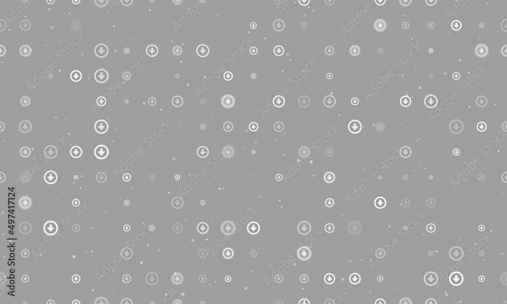Seamless background pattern of evenly spaced white download symbols of different sizes and opacity. Vector illustration on gray background with stars