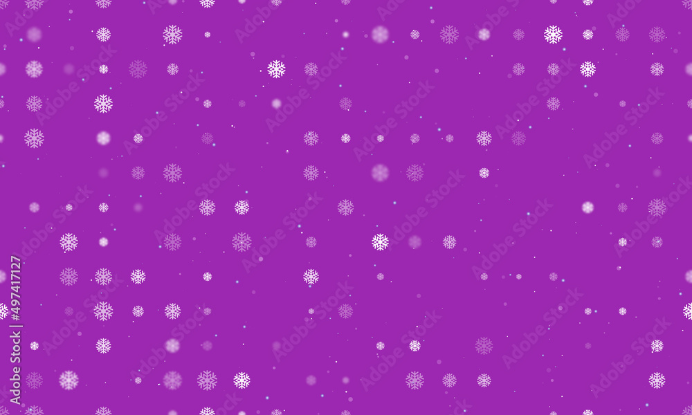 Seamless background pattern of evenly spaced white snowflake symbols of different sizes and opacity. Vector illustration on purple background with stars