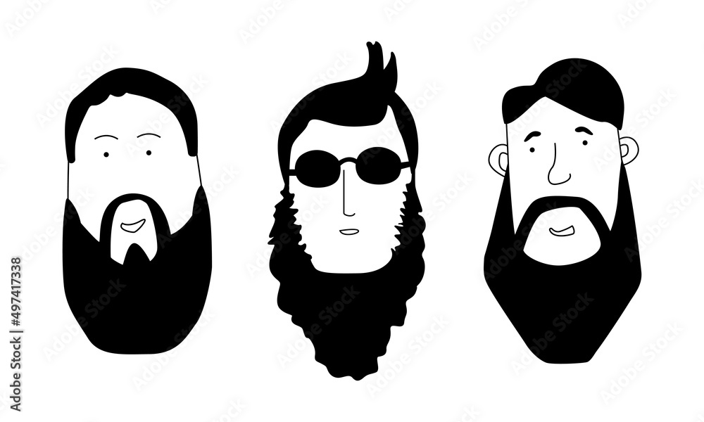 Set of trendy, modern bearded men, hipsters with different haircuts and beards. Silhouettes, emblems, badges, labels. Vector illustration in doodle style. Set of trendy, modern bearded men, hipsters with different haircuts and beards. Silhouettes, emblems, badges, labels. Vector illustration in doodle style.