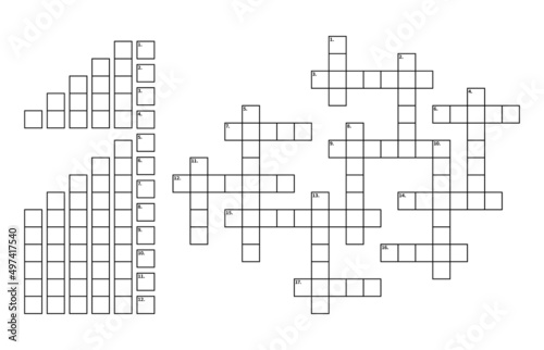 Crossword puzzle game grid vector constructor. Find a word quiz worksheet, empty grids of white and black squares for 17 words with numbers, crossword puzzle or brain teaser template
