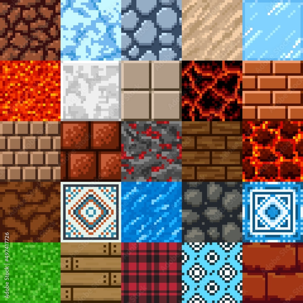 Retro 8 bit pixel art game surface patterns set. Vector stone, ground, ice, lava and water textures, tile, wood panels, grass, dirt and rock wall square blocks of mine resources, game ui assets design
