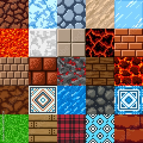 Retro 8 bit pixel art game surface patterns set. Vector stone, ground, ice, lava and water textures, tile, wood panels, grass, dirt and rock wall square blocks of mine resources, game ui assets design