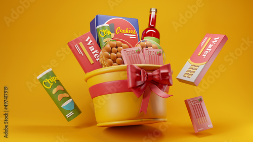 Tableau sur toile Beautiful floating food hamper gift basket for giving with 3d rendering illustra