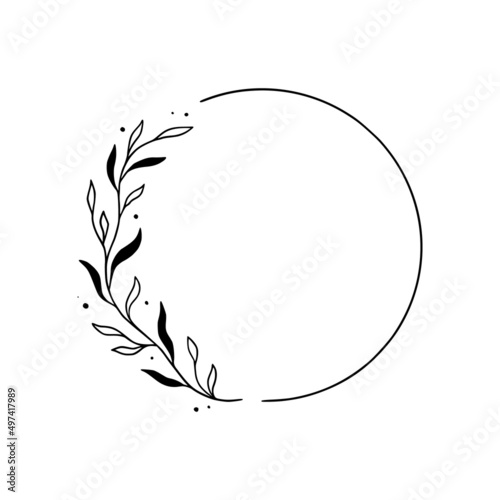 Floral circle frame, elegant wreath round border. Hand drawn doodle sketch style. Floral drawing frame, flourish design element for wedding, greeting card. Vector illustration.