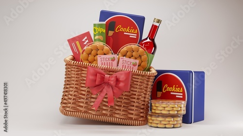 Food hamper gift basket for ramadan giving. 3d rendering illustration using white background isolated photo