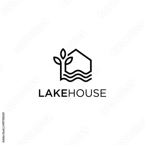 Lake and tree house logo vector