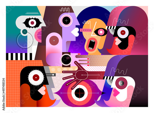 Six People And Big Eye. Six adults people and one big eye. Modern geometric art digital painting of Group of people vector illustration.