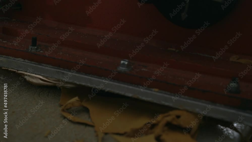 Closeup Of Leather Being Cut On A Industrial Die Press, Manufacturing Fashion Gloves