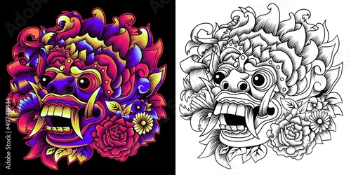 barong mask vector illustration in neon color style