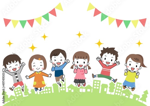 街並みで笑顔でジャンプする子供たち　線あり