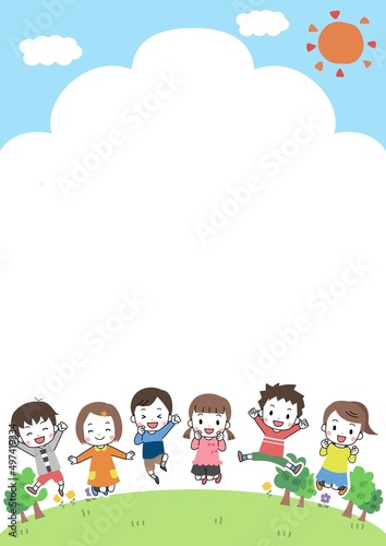 青空と笑顔でジャンプする子供たちのフレーム素材イラスト 線あり