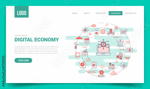 digital economy concept with circle icon for website template or landing page homepage
