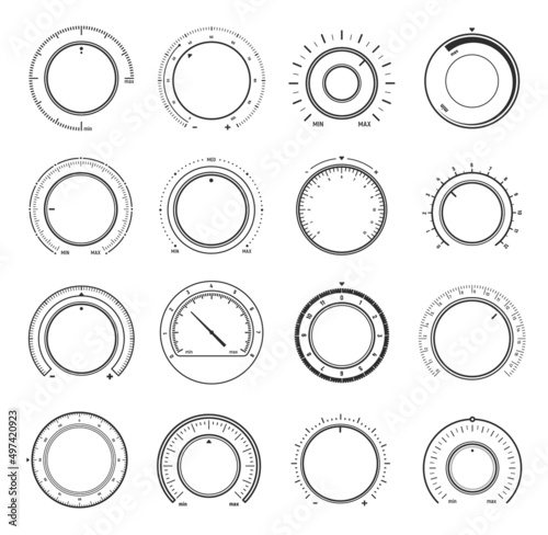 Volume round knob switch, music sound controls, vector interface regulators and dials. Volume level buttons in thin line for music player app or tuner sound UI, min and max round knob controls