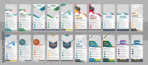 health care and medical roll up design, standee and banner template decoration for exhibition, printing, presentation and brochure flyer bundle
