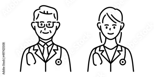 男性と女性の医者ドクターの白黒線画のベクターデザインイラスト素材
