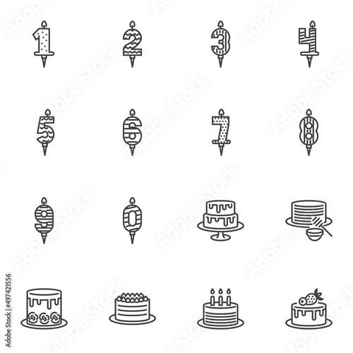 Cakes and candles line icons set,