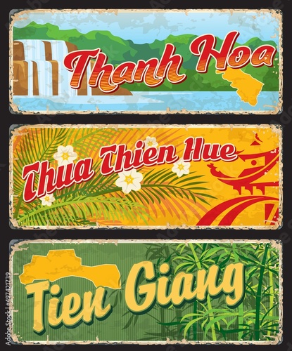 Thanh Hoa, Thua Thien Hue and Tien Giang vietnamese regions retro plates and travel stickers. Asian journey grunge tin sign, Vietnam province tourism vector cards with jungle leaves and Hieu waterfall photo