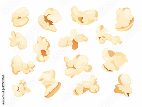 Popcorn pieces set for cinema, movie, food concepts. Cartoon vector illustration.