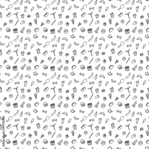 Doodle fast food icons. seamless pattern with food icons. Fast food set icons, fastfood background.  food icons on white background. hand drown vector pattern with fast food icons