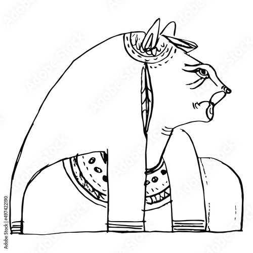 Bust of goddess Tefnut. Ancient Egyptian mythology. Woman with lioness head. Hand drawn linear doodle rough sketch. Black silhouette on white background.