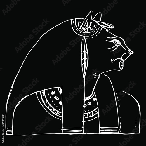 Bust of goddess Tefnut. Ancient Egyptian mythology. Woman with lioness head. Hand drawn linear doodle rough sketch. White silhouette on black background.