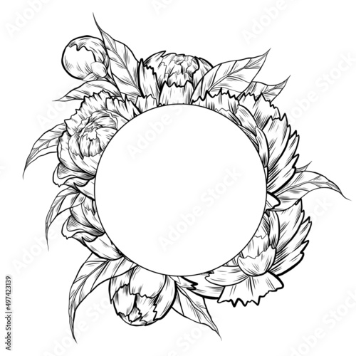 Vector round frame with sketch peony flowers with foliage, hatching and copy space. Contour natural circle border with floral bouquet