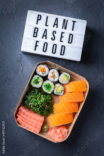 Vegan Sushi, Sashimi and Maki Rolls with Plant based seafood photo