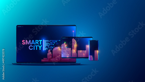 Smart city. Cloud computing technology concept. IOT digital 5G internet communication in smart city. Computer networking communications. Silhouette of Smart city on screen laptop, tablet, mobile phone