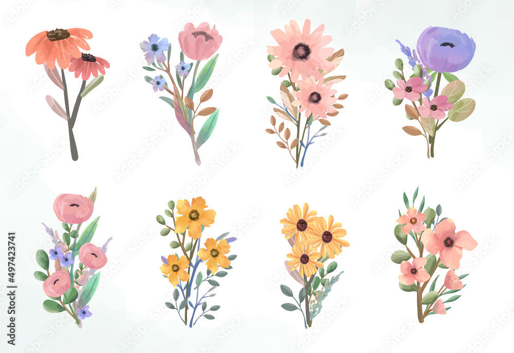 Set of watercolor floral bouquet arrangement. Colorful flower botanical drawing wedding card.