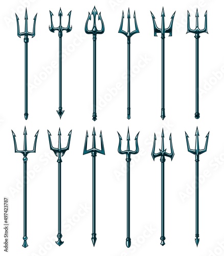 Nautical trident fork vector icons. Poseidon, Neptune, Triton and devil spear weapons. Pitchfork of hell demon, harpoon of mythology sea god and trident isolated cartoon symbols