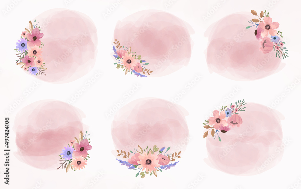 Set of pink watercolor round splash spot with flower arrangement bouquet for wedding card Set of pink watercolor round splash spot with flower arrangement bouquet for wedding card