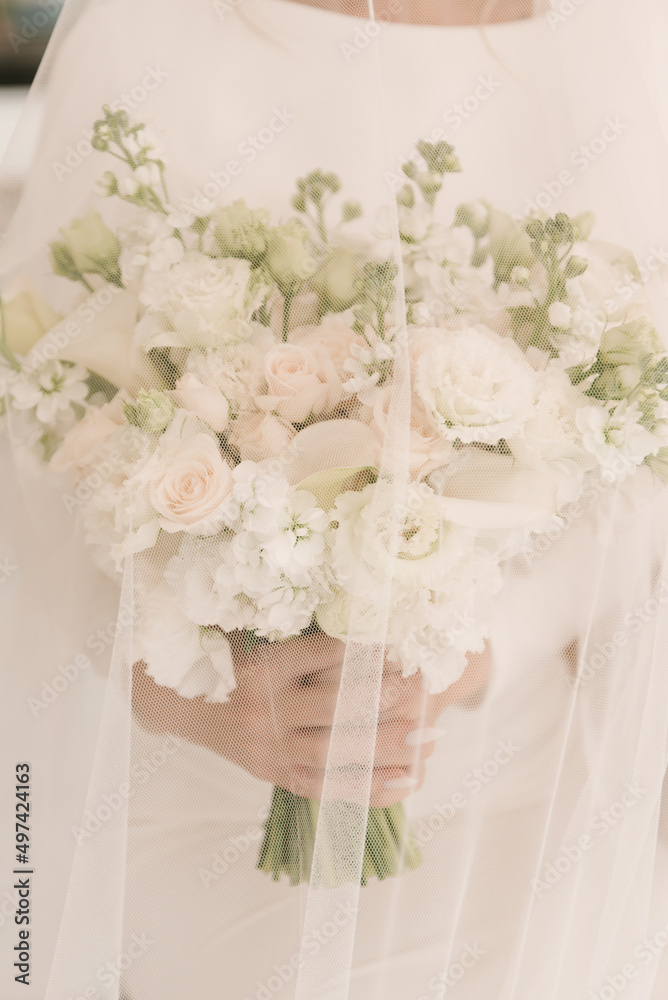 A luxurious wedding bouquet with white roses in the hands of the bride under a veil