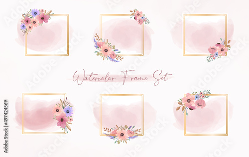 Set of gold frame with watercolor pink flower arrangement. Modern wedding card flower element frame.