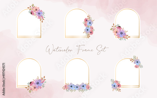 Gold arch frame with watercolor floral arrangement element. Set of Watercolor botanical wreath