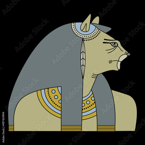 Bust of goddess Tefnut. Ancient Egyptian mythology. Woman with lioness head. On black background.