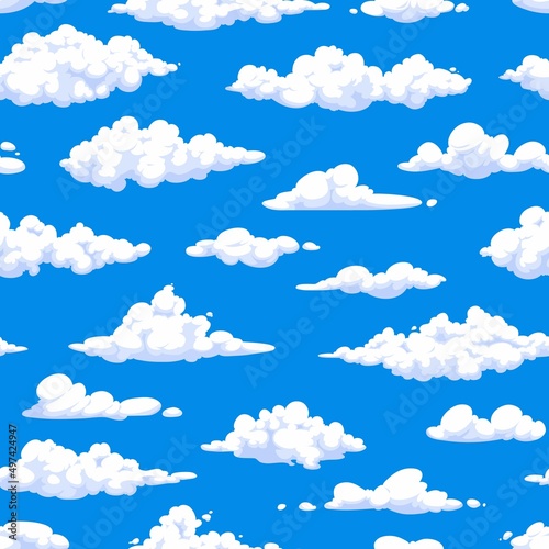 Fototapeta Naklejka Na Ścianę i Meble -  Cartoon fluffy white clouds in blue sky seamless pattern background. Summer sunny weather sky vector backdrop or background, wrapping paper or wallpaper with floating clouds