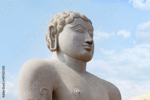 Closeup View Of Gomateshwara Statue, 57-foot High, Gommateshwara statue is dedicated to Jain figure Bahubali, Shravanbelagola, Karnataka, India photo