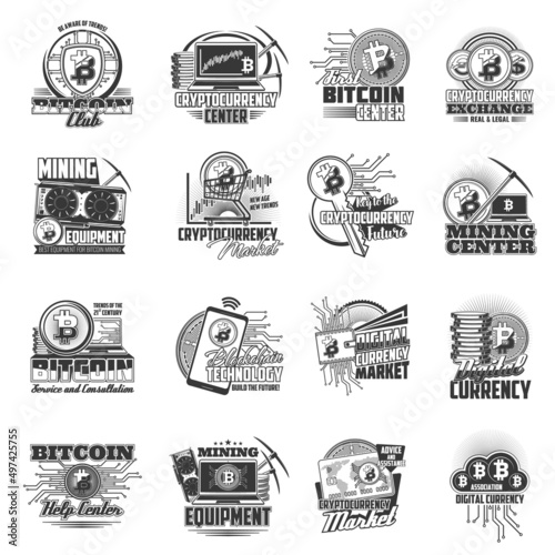 Bitcoin cryptocurrency mining and blockchain isolated vector icons. Crypto currency, digital money wallet and coin, payment transaction network technology, computer, mobile phone and data cloud signs