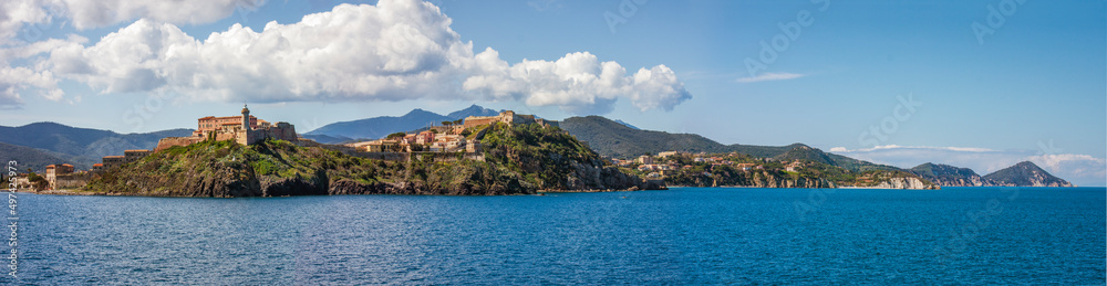 panorama of portoferraio with the fortress and the lighthouse, seen from the sea.