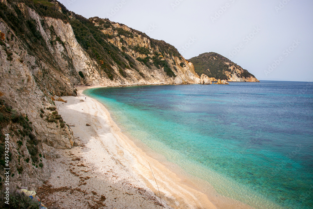The Beach of Sansone on Elba island in Italy without people. Tuscan Archipelago national park. Mediterranean sea coast. Vacation and tourism concept.