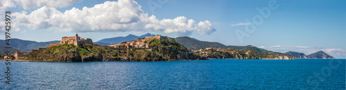 Photos panorama of portoferraio with the fortress and the lighthouse, seen from the sea