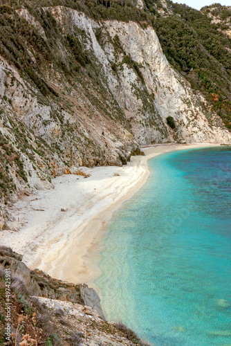 The Beach of Sansone on Elba island in Italy without people. Tuscan Archipelago national park. Mediterranean sea coast. Vacation and tourism concept.