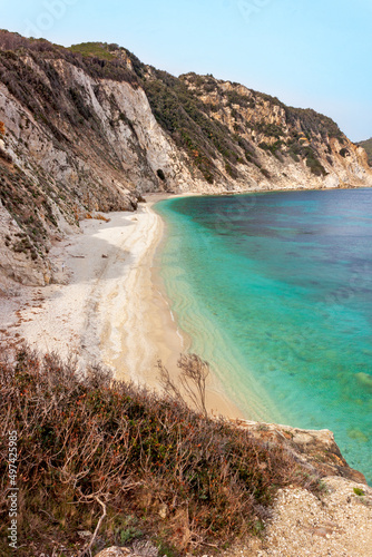 The Beach of Sansone on Elba island in Italy without people. Tuscan Archipelago national park. Mediterranean sea coast. Vacation and tourism concept.