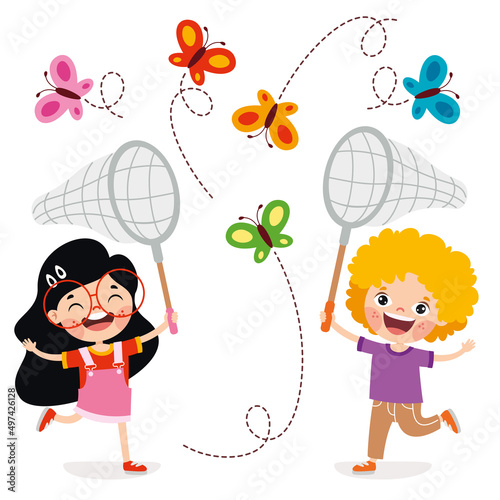 Spring Season With Cartoon Children
