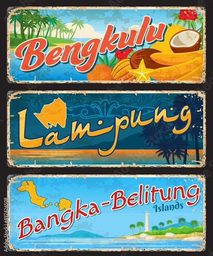 Bengkulu, Lampung and Bangka-Belitung indonesian travel plates and stickers. Asian journey grunge postcard, Indonesia province travel vector vintage tin sign with tropical fruits, seacoast landscape